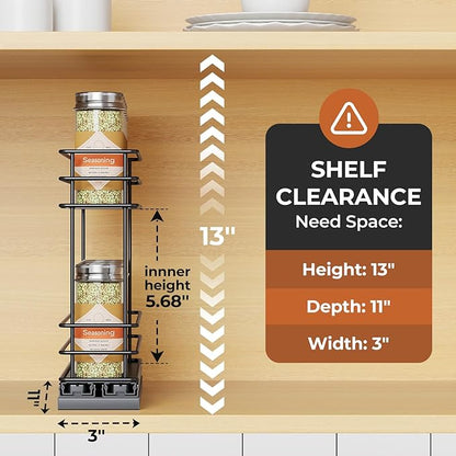 Mystozer Pull Out Spice Rack Organizer for Cabinet, Slide Out Spice Racks, Easy to Install Spice Cabinet Organizer, 2.5" Wx10.43 Dx8.26 H, 1 Drawer 2 Tiers（Black）