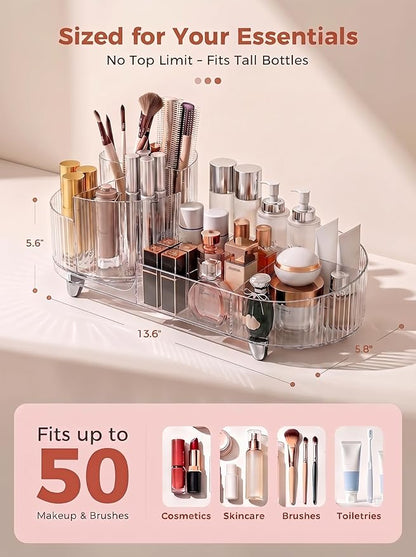 Booklov Rotating Makeup Organizer for Vanity, Large Capacity Cosmetic Display Case, Clear Acrylic Countertop Beauty Storage Holder for Skincare, Brush Eyeshadow Lipstick, Counter Desk, Crystal Clear