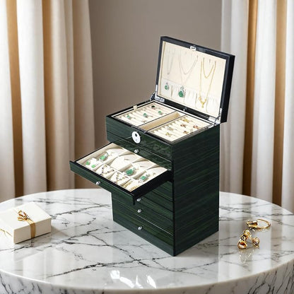 Wooden Jewelry Box Fingerprint Lockable 9-Layers Extra Large Capacity Jewelry Cabinet for Necklace/Rings/Pendants/Bracelets/Watches/Sunglasses Storage&Organizer Women Gifts (Greenwood)