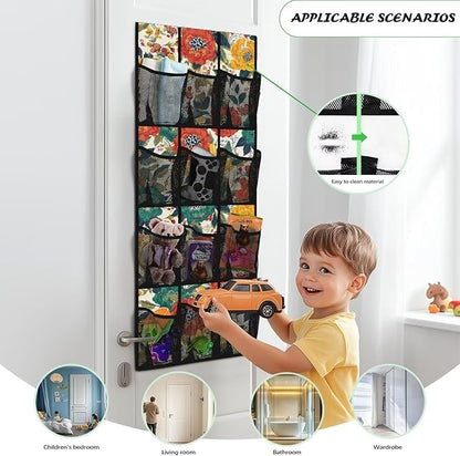 Floral Print Space Saving Hanging Shoe Organizer,Entryway Bedroom Bathroom Storage Bags with 12 Mesh Large Pockets,Stylish Print