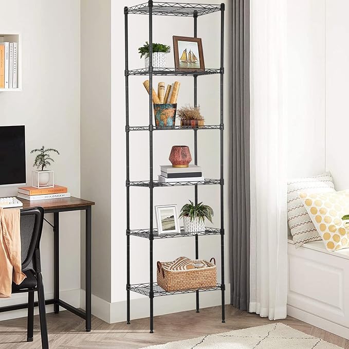 6-Shelf Wire Shelving Unit Adjustable Metal Shelving 600Lb Capacity Storage Shelves for Closet Kitchen Wire Rack Shelf Organizer for Small Space, 16.7D x 11.8W x 63H, Black