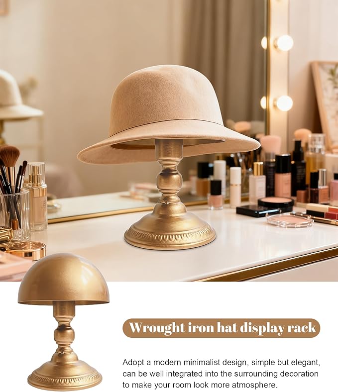 CHADWICK Hat Stand Vintage Style Dome Shape Freestanding Hat Stands for Display Metal Hat Display Stand Cowboy Hat Rack Wig Holder Hat Rack Stand Helmets Wigs Hats Caps Stand (Golden)