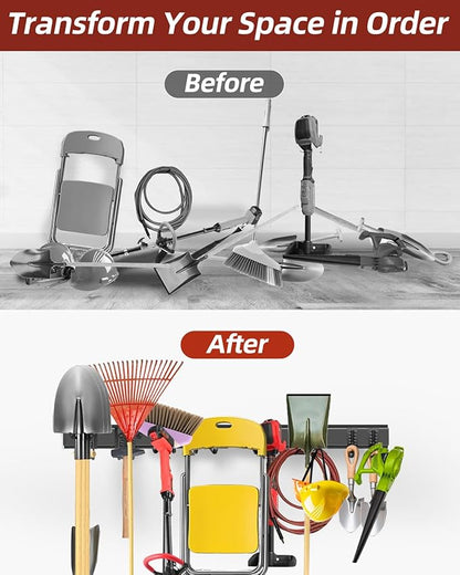 48-Inch Garage Storage Tool Organizer with 8 Hooks - Heavy Duty Metal Rack for Garage Organization, Garden Tool Organizer - Wall Mounted Tool Hanger for Shovels, Ladders, Lawn Tools