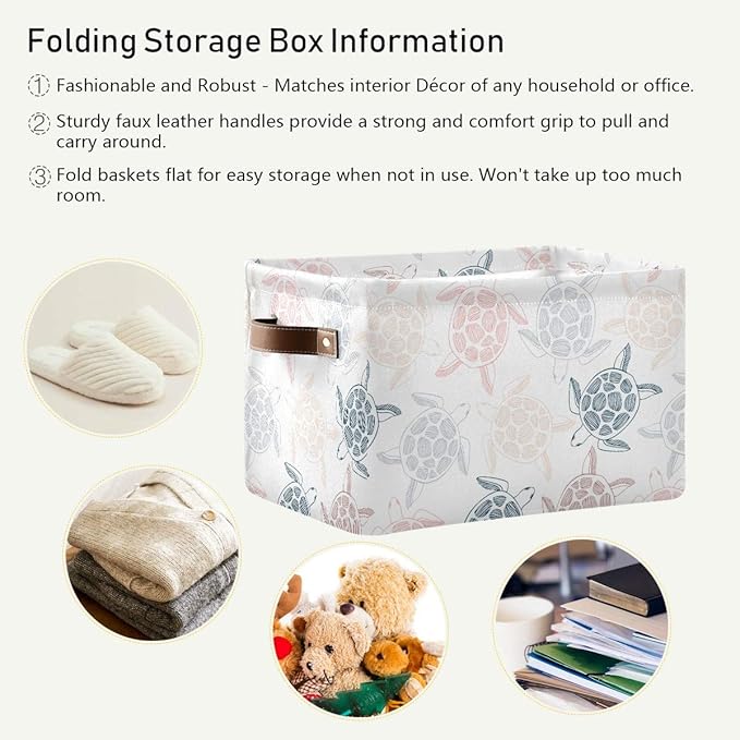 Large Storage Basket Bin Sea Turtles Pattern Storage Cube Box Foldable Canvas Fabric Collapsible Organizer with Handles for Home Office Closet