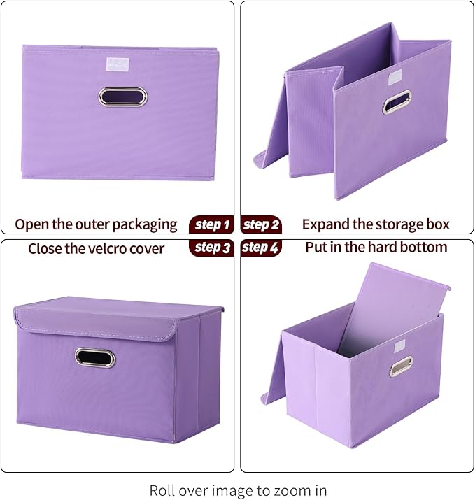 STOREONE Fabric Storage Cube Bins Foldable Organizer Container Collapsible Basket with Lids and Metal Handles, for Home, Bedroom, Closet 3 Pcs (multicolour-purple)