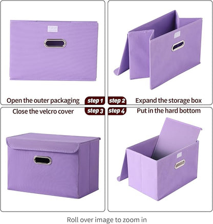 STOREONE Fabric Storage Cube Bins Foldable Organizer Container Collapsible Basket with Lids and Metal Handles, for Home, Bedroom, Closet 6 Pcs (multicolour-purple)