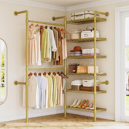 ONBRILL H2 Wall Mounted Clothing Rack, Expandable Industrial Pipe Clothes Rack Garment Racks for Hanging Clothes, Heavy Duty Closet Organizers and Storage in Closet System, Gold