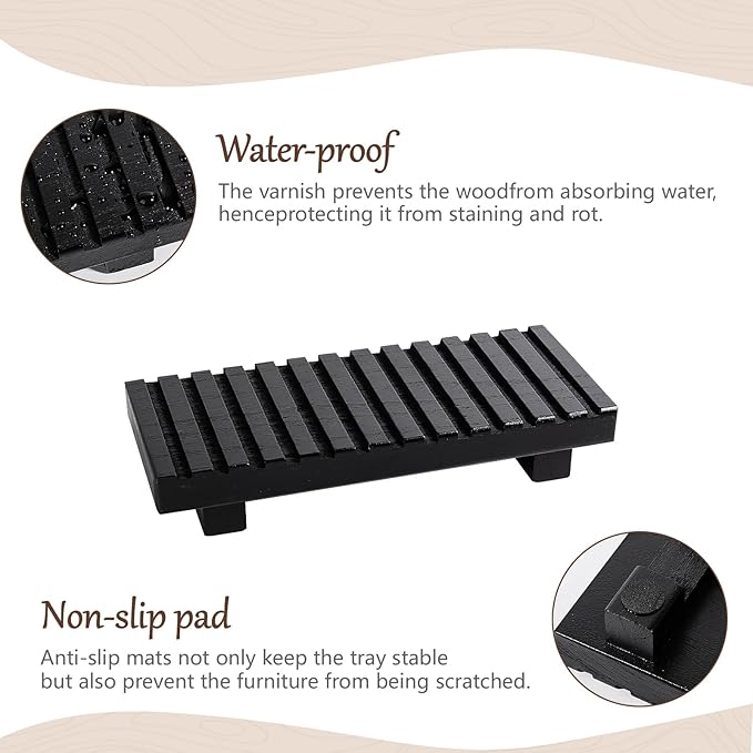 Bathroom Tray Rustic Farmhouse Bathroom Decor Wood Display Stand Riser Kitchen Soap Dish Holder for Vanity, Countertop, Sink, 8.6 * 3.6 Black