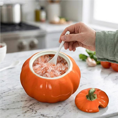 Ceramic Salt Cellar with Lid and Spoon, 10 OZ Salt Box, Salt Holder for Counter, Coffee, Sugar, Spices, Candies and Salt Containers for Countertop(orange)