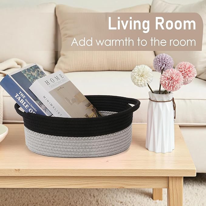 JMvicyroam Woven Basket,Small Rope Storage Bin with Handles & Ribbon Bag, Organizer for Shelves Closets,Gift Basket Empty for Birthday,Books,Dog Toys, Black&Grey
