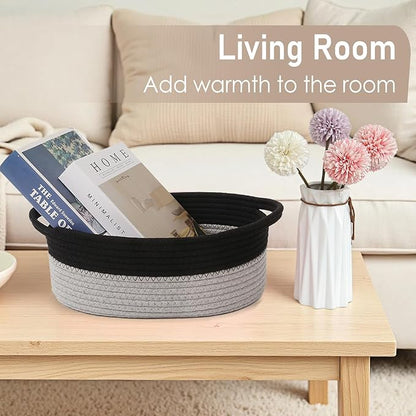 JMvicyroam Woven Basket,Small Rope Storage Bin with Handles & Ribbon Bag, Organizer for Shelves Closets,Gift Basket Empty for Birthday,Books,Dog Toys, Black&Grey/2 Pack
