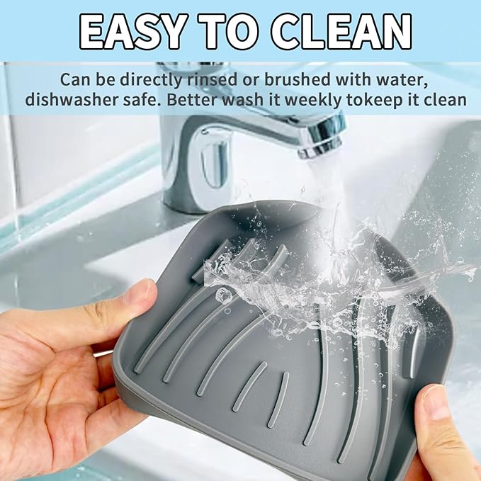 2 Pack Silicone Soap Dish with Drain, Self Draining Bar Soap Holder for Shower, Silicone Dish Soap Tray, Bathroom and Kitchen Sink Organizer, Grey