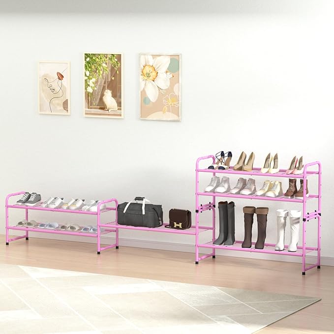 SUFAUY 2 Tier 33" Wide Shoe Rack, Closet Metal Wire, Stackable, Pink