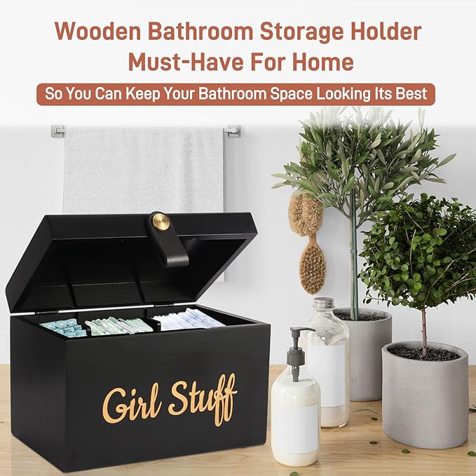 100% Solid Wood Tampon Holder Box with Lid, Copper Leather Pull, Absolute Real Wood Bathroom Decorative Box for Feminine Product Storage and Accessories such as Tampons, Cotton Balls, Gifts for Women