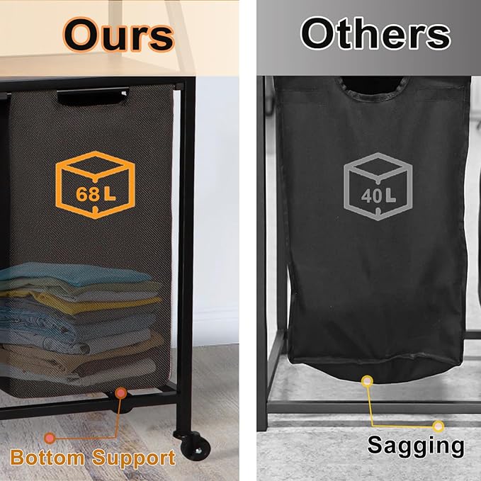 Timberer Laundry Hamper, Laundry Sorter, Rolling Laundry Basket with Wheels, 2 Shelves, 18 Gal(68L), Pull-Out and Removable Oxford Fabric Bags, for Laundry Room, Black and Rustic Brown