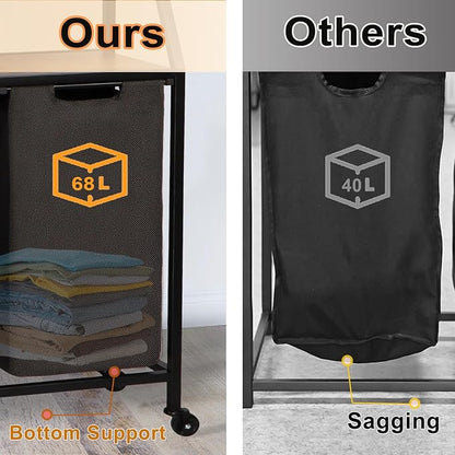 Timberer Laundry Hamper, Laundry Sorter, Rolling Laundry Basket with Wheels, 2 Shelves, 18 Gal(68L), Pull-Out and Removable Oxford Fabric Bags, for Laundry Room, Black and Rustic Brown
