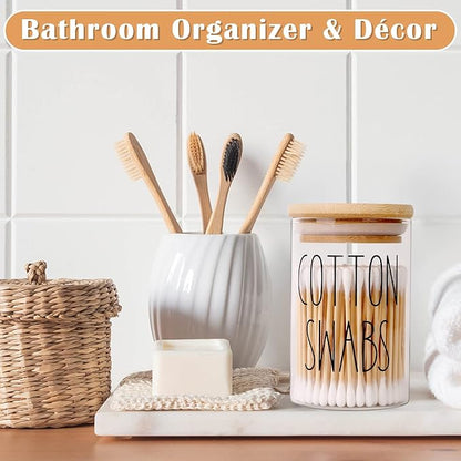 ROADPLUM Qtip Holder Bathroom Set, 4 Pack 10 oz Glass Bathroom Jars with Lid, Glass Organizers/Canisters/Apothecary Jars for Q-tip, Cotton Ball, Floss Pick and Makeup Storage