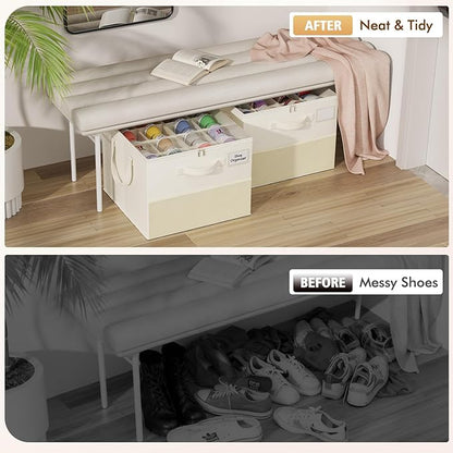 NestOrganix 2 Pack Shoe Organizer for Closet, Large Shoe Box Storage Containers, Foldable Shoe Storage Organizer Box Bin with Adjustable Dividers and Clear Cover, Space Saving Shoes Holder, Beige