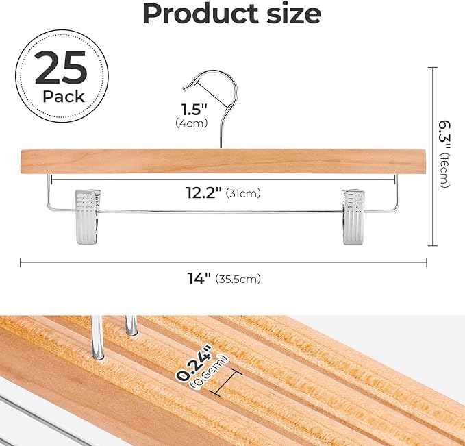 HOUSE DAY Premium Wooden Pants Hangers 25 Pack, Solid Lotus Wood Skirt Hangers with 2-Adjustable Clips, Heavy Duty & Anti Slip Wood Bottom Hanger for Slacks, Jeans, Trousers, Shorts (Natural)