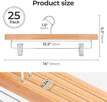 HOUSE DAY Premium Wooden Pants Hangers 25 Pack, Solid Lotus Wood Skirt Hangers with 2-Adjustable Clips, Heavy Duty & Anti Slip Wood Bottom Hanger for Slacks, Jeans, Trousers, Shorts (Natural)