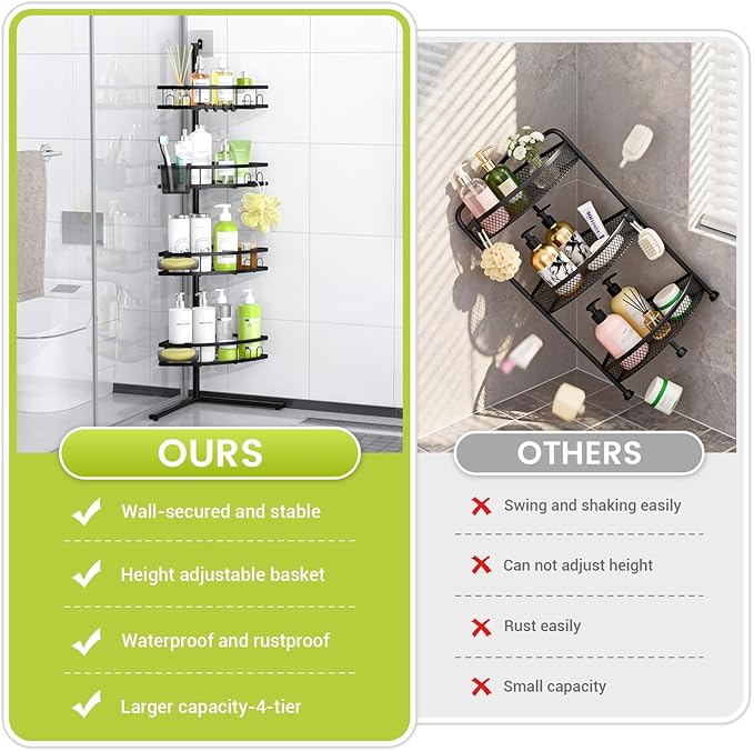 Aitatty Corner Shower Caddy Standing: 4-tier Rustproof Shower Organizer Shelf - Floor Shower Corner Shelf Rack Stand for Bathroom Black