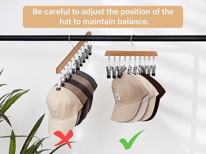StorageWorks Hat Rack, Closet Organizer and Storage for Baseball Caps,Set of 2 with 10 Adjustable Stainless Steel Clips, Fits All Caps, Natural Wood Color