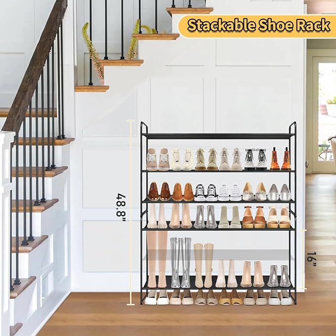 SLEEPING LAMB 2 Pack Narrow Over The Door Shoe Organizer with 8 Large Deep Pockets (Black) and Long 3-Tier Shoe Organizer for Closet, Stackable Wide Shoe Rack (Black)