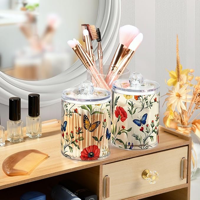 4 Pack Qtip Holder Dispenser Butterfly Tulip Wildflower Cotton Ball Swab Round Pads Floss Clear Bathroom Storage Containers Plastic Apothecary Jars with Lids