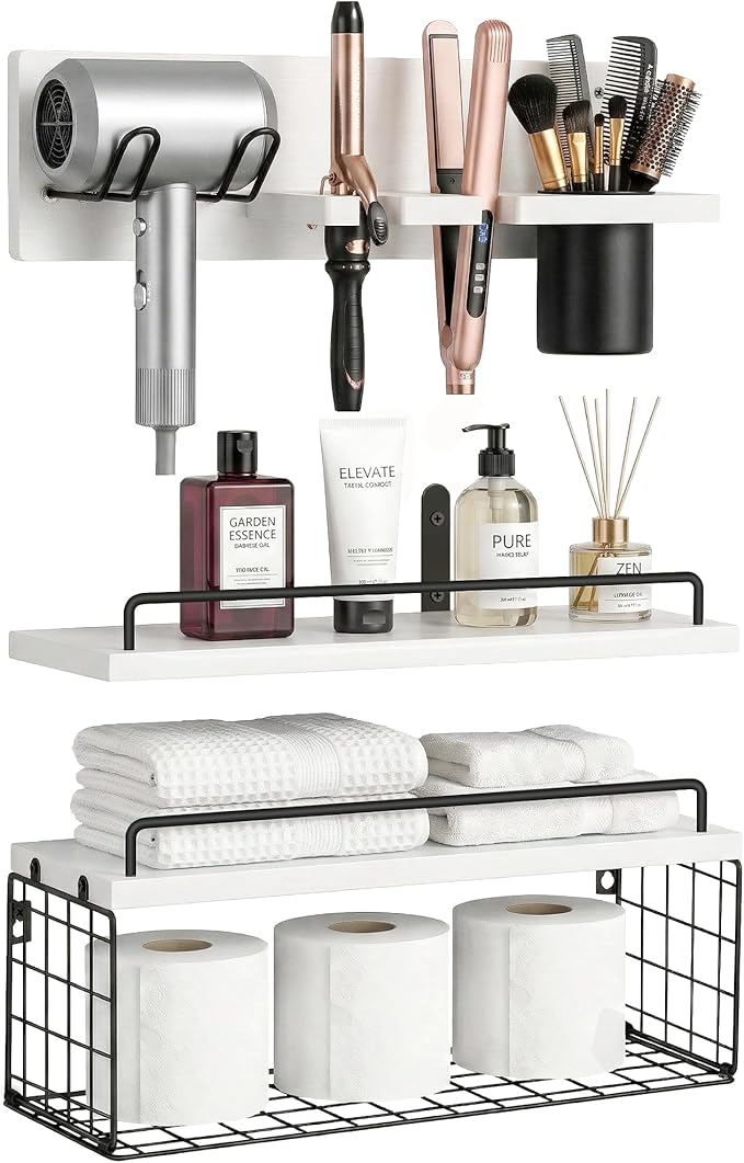 3-Tier Bathroom Floating Shelves with Curling Iron Holder & Hair Tool Organizer, Wall Mounted Rustic Wood Storage Rack Over Toilet with Hair Dryer Holder for Bathroom Decor & Organization