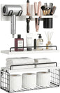 3-Tier Bathroom Floating Shelves with Curling Iron Holder & Hair Tool Organizer, Wall Mounted Rustic Wood Storage Rack Over Toilet with Hair Dryer Holder for Bathroom Decor & Organization