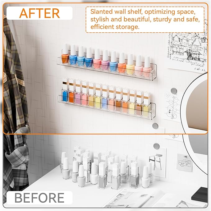 Cq acrylic Nail Polish Wall Rack,15 Inch 2 Pack Hanging Clear Acrylic Nail Polish Rack Wall Mounted Shelf for Nail Salon Wall Essential Oil Shelf,Gel Fingernail Polish Holder,Tattoo Studio Decor Paint