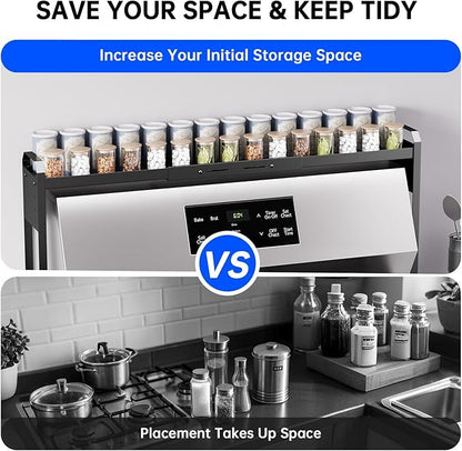 Kitchen Spice Rack Over The Stove, Shelf for Back of Stove, Stove Top Shelf for Seasoning Organizer, Over Oven Shelf, Countertop, Expandable Length 27.3''-32.6'', 4 Adjustable Height (Black, Normal)