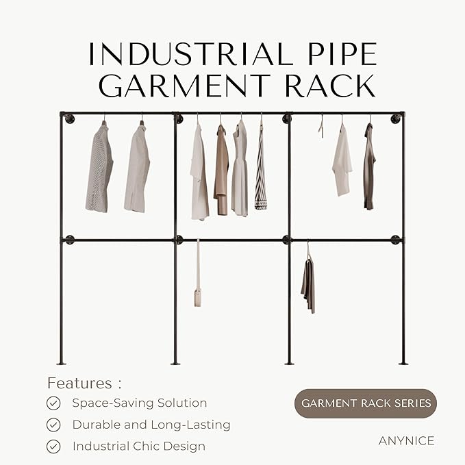Black Industrial Pipe Clothing Rack 110" W Wall Mounted, Heavy Duty Iron Garment Rack 150 lbs per Rod, Open Closet Organizer for Bedroom Laundry Room Retail Display