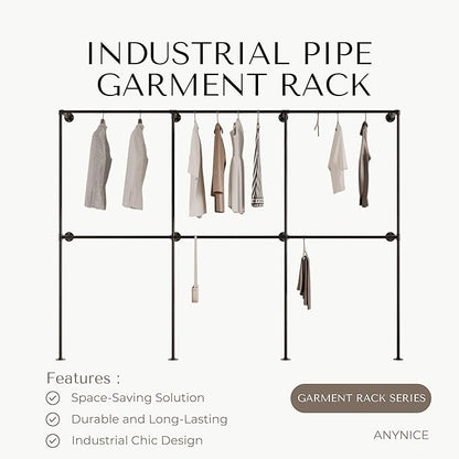 Black Industrial Pipe Clothing Rack 110" W Wall Mounted, Heavy Duty Iron Garment Rack 150 lbs per Rod, Open Closet Organizer for Bedroom Laundry Room Retail Display