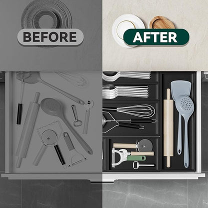 Lixple Bamboo Drawer Organizer, Extra Large Silverware Organizer for Kitchen Drawer, Stackable Utensil Organizer, 2 Pcs Toilet Tank Topper Tray, Wooden Toilet Paper Basket (Black, 17 X 6 X 2 Inch)