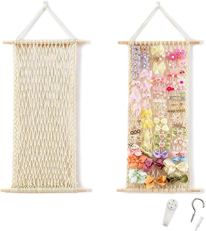 Pretty Jolly Macrame Hair Clips Accessories Organizer Hairbow Holder Rack for Girl Clips Storage Claw Clip Ornaments Keeper for Girls Room Wall Hanging Decor(Yellow)