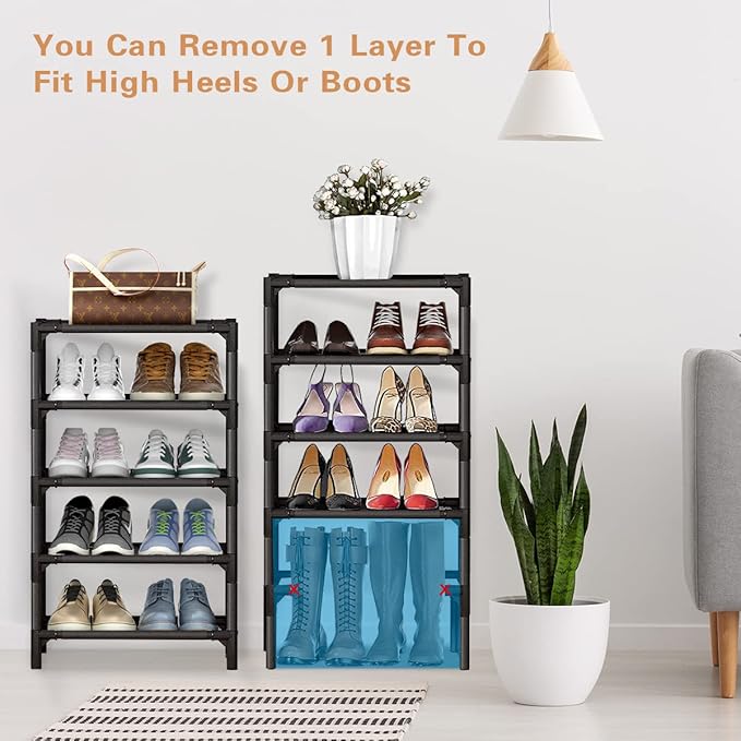 Shoe Rack - 10 Tiers Shoe Organizer with Detachable Fabric Shelves & Metal Frame, Up to 20-25 Pairs Narrow Tall Shoe Rack for Closet, Entryway, 17.7" x 11.0" x 63"