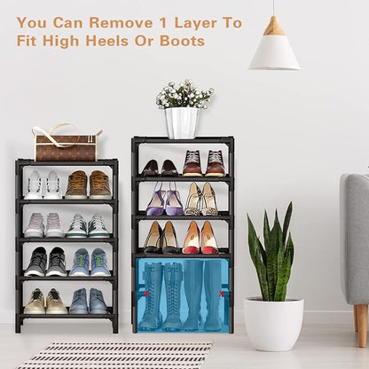 Shoe Rack - 10 Tiers Shoe Organizer with Detachable Fabric Shelves & Metal Frame, Up to 20-25 Pairs Narrow Tall Shoe Rack for Closet, Entryway, 17.7" x 11.0" x 63"