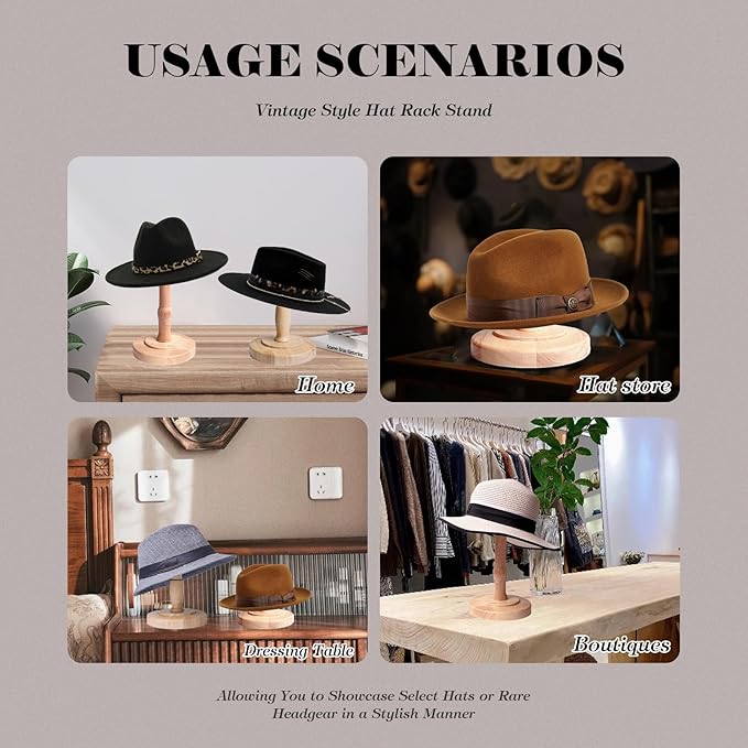 CHADWICK Vintage Style Hat Rack Stand, Light Wooden Hat Display Stand, Hat Organizer and Display Rack, Wig Holder Cowboy Hat Rack for Closet, Home Decor