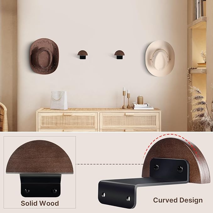 SEKSON Cowboy Hat Rack for Wall, 4 Pack Wooden Hat Holder, Wide Brim Hat Hooks, Wall Mount Hat Hanger for Baseball Caps, Fedoras, Straw Hats