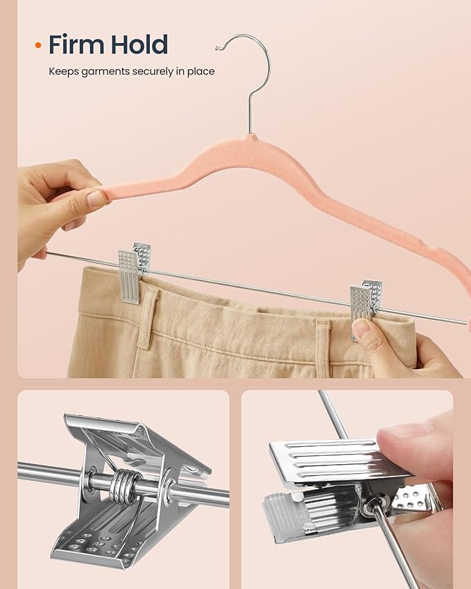 SONGMICS HOME Velvet Pants Hangers with Adjustable Clips, Non-Slip Space-Saving Clothes Hangers, 30 Pack, Shoulder Notches for Skirts, Pink