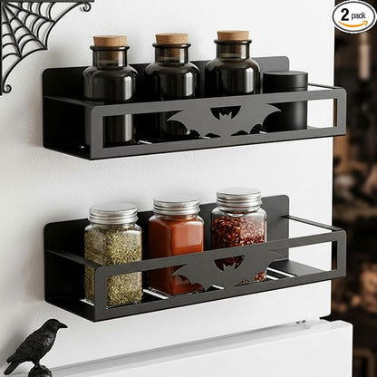 Beeveer 2 Pack Big Bat Magnetic Spice Rack for Refrigerator Metal Magnet Basket Shelf for Fridge Seasoning Storage Organizers Home Decor Kitchen Accessories(Black)
