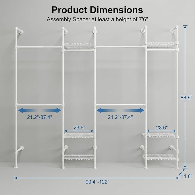 Wall Mounted Closet System – Adjustable Clothing Rack with 6 Hanging Clothes Rods( 4 Expandable Rods) & 6 Shelves, Heavy Duty Industrial Pipe Clothes Rack for Closet Organizer and Storage, White