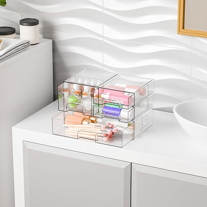 Yieach 4 Pack Clear Stackable Storage Drawers,Acrylic Drawer Organizer for Medicine,Palettes,Hair Accessories and Makeup Organizer,Plastic Drawers for Cabinet,Office,Desk,Bathroom Storage Containers