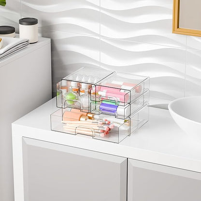 Yieach 4 Pack Clear Stackable Storage Drawers,Acrylic Drawer Organizer for Medicine,Palettes,Hair Accessories and Makeup Organizer,Plastic Drawers for Cabinet,Office,Desk,Bathroom Storage Containers