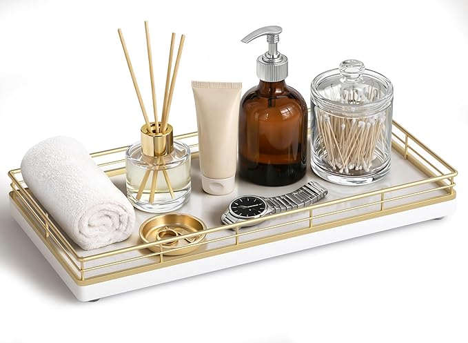 Bathroom Vanity Tray for Countertop, 12" x 6" Oak Wood Toilet Tank Tray with Metal Guardrail, Bathroom Organizer for Soap, Perfume & Skincare, Non-Slip Decorative Tray for Dresser, Gold & White