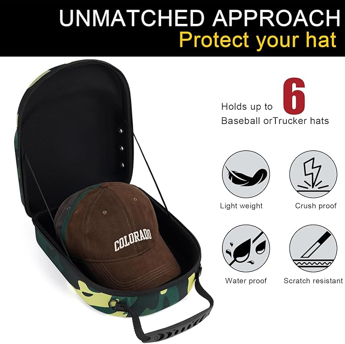 GERMUN Hard baseball hat case, Hat Carrier Travel Case with Adjustable Shoulder Strap, Hat cap case for 6 Baseball Caps - Perfect for Traveling (Camo Green)
