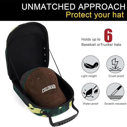 GERMUN Hard baseball hat case, Hat Carrier Travel Case with Adjustable Shoulder Strap, Hat cap case for 6 Baseball Caps - Perfect for Traveling (Camo Green)