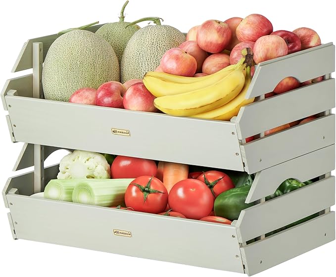 HABAU Potato Onion Storage Bin - Wood Stackable Produce Basket with Handles - Fruit and Vegetable Storage for Kitchen and Pantry Counter Organization - 2 Pack