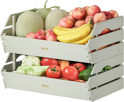 HABAU Potato Onion Storage Bin - Wood Stackable Produce Basket with Handles - Fruit and Vegetable Storage for Kitchen and Pantry Counter Organization - 2 Pack
